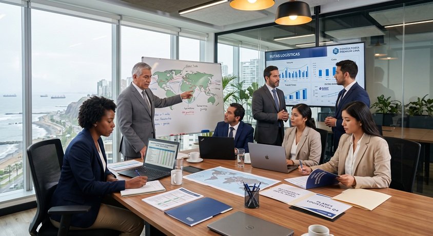 Equipo corporativo revisando operaciones de importación